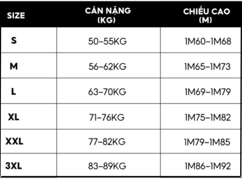 Bảng size áo chống nắng nam tham khảo
