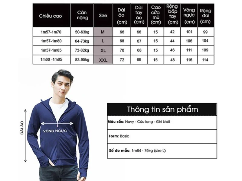Thông số áo chống nắng nam